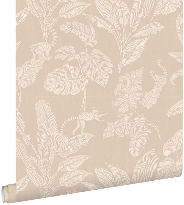 Tapeta ESTAhome małpy i liście dżungli beżowym 50 x 900 cm - 1 rol.