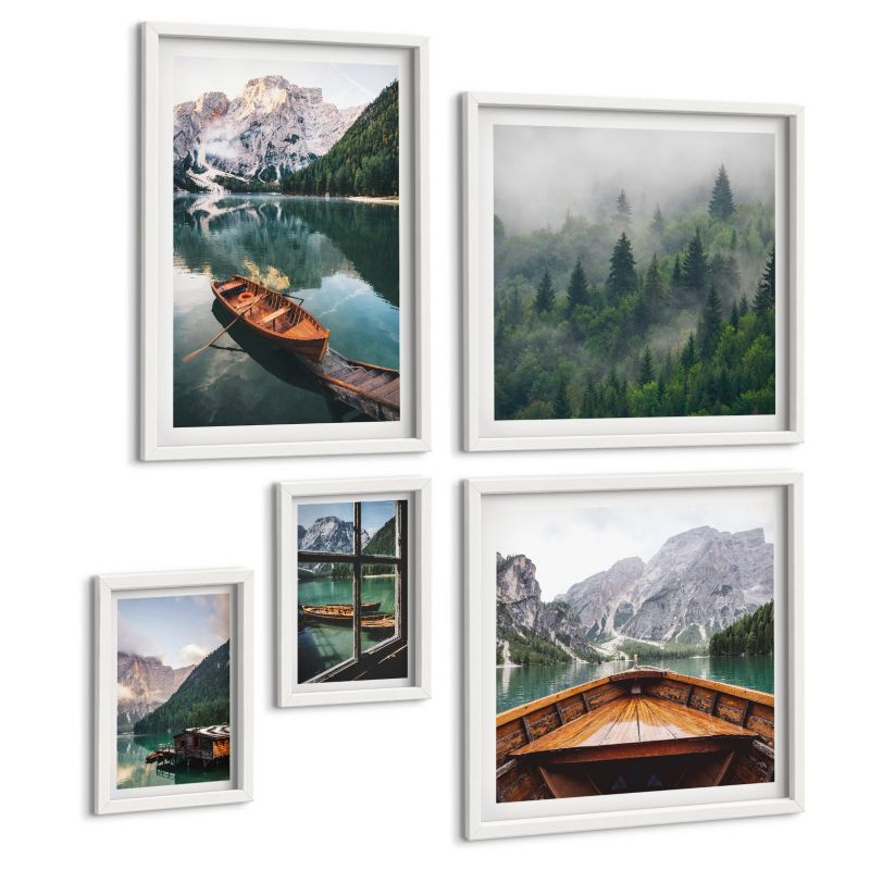 Galeria 5 Obrazów ArtPrintCave (2x50x50+2x20x30+40x60cm) Biała rama Uliczki domy rośliny donice 1 kpl.