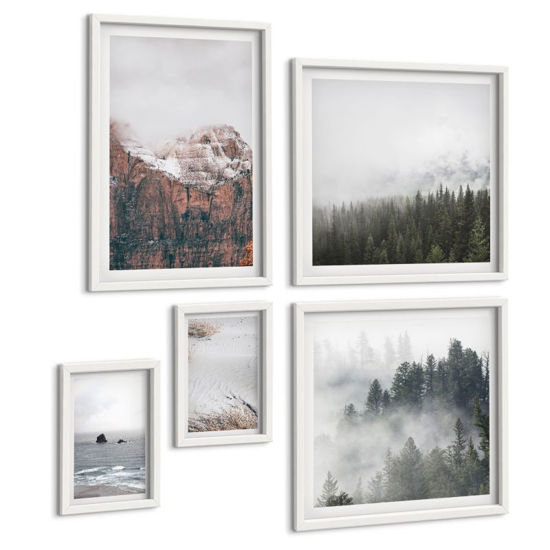 Zestaw 5 Obrazów ArtPrintCave (2x50x50+2x20x30+40x60cm) Biała rama Abstrakcyjne fale szarość pastel 1 kpl.