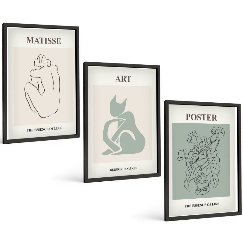 Zestaw 3 Obrazów w Czarnej Ramie ArtPrintCave 40x60 cm Galeria Ścienna Postery beż zielony Matisse 1 kpl.