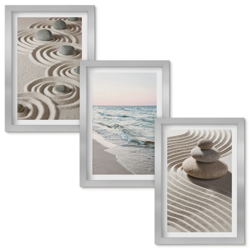 Obrazy do Salonu Wallfluent Fale piasku wody kamienie plaża Srebrna rama 20x30cm 3 szt.
