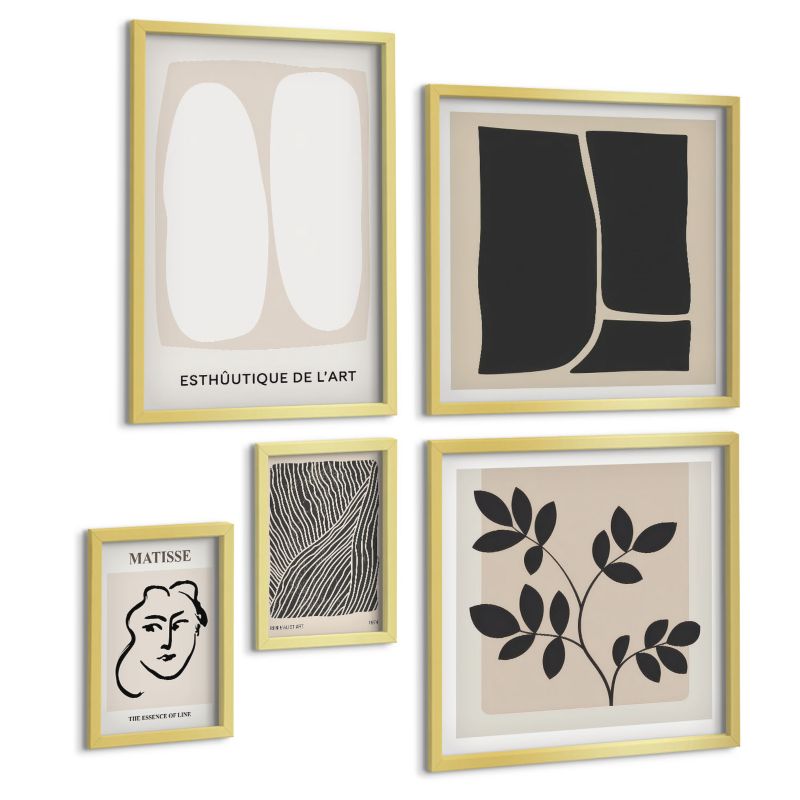Pięcioczęściowy Zestaw Obrazów ArtPrintCave (2x50x50+2x20x30+40x60cm) Złota rama Wzory roślinne minimalistyczne 1 kpl.