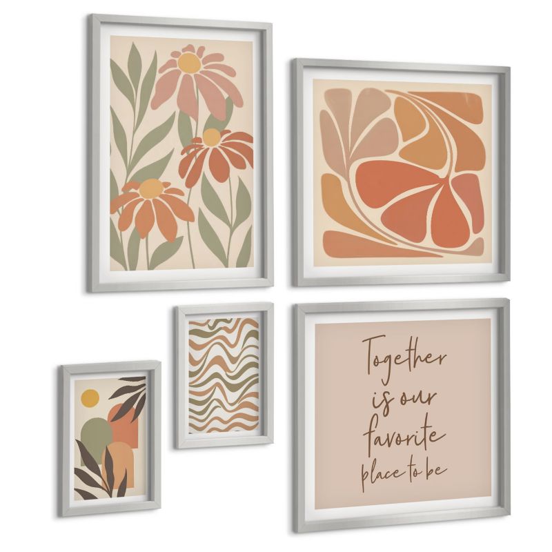 Komplet 5 Obrazów ArtPrintCave (2x50x50+2x20x30+40x60cm) Srebrna rama Kwiaty pastelowe abstrakcje 1 kpl.