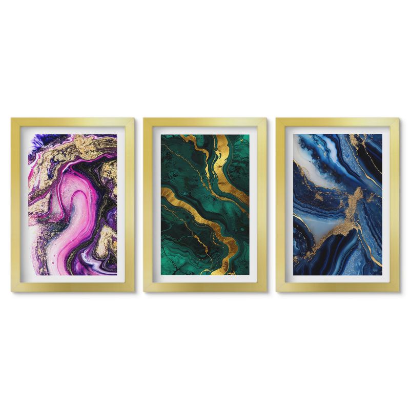 Tryptyk w złotej ramie Tulup 20x30 cm Abstrakcyjne wzory róż zieleni Galeria ścienna 1 kpl