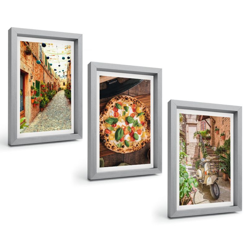 Zestaw Obrazów 3 Częściowy ArtPrintCave Srebrne Ramki 20x30 cm Dekoracja do Sypialni Urokliwe uliczki z pizzą 1 kpl.