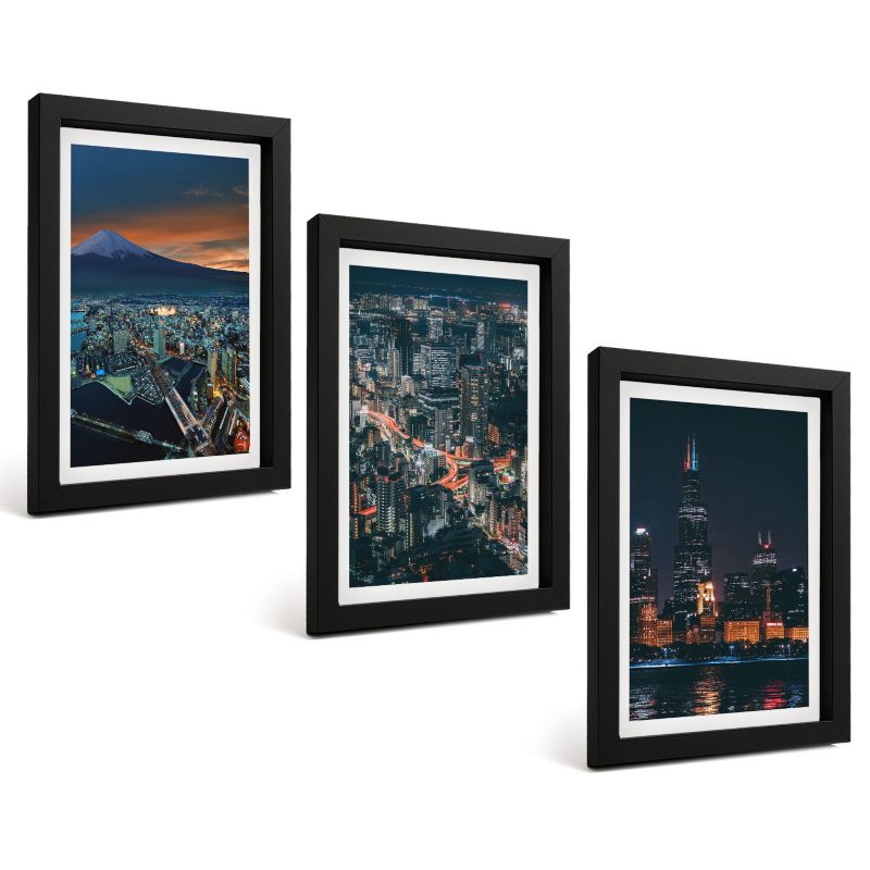 Komplet 3 Obrazów w Czarnej Ramie ArtPrintCave 20x30 cm Grafika Ścienna Górski widok miasta nocą 1 kpl.