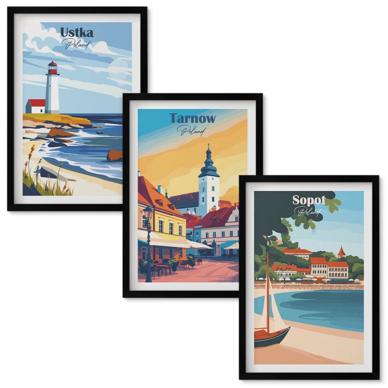 Obrazy Do Sypialni Wallfluent Widoki miast Ustka Tarnów Sopot Czarna rama 40x60 cm 3 szt.