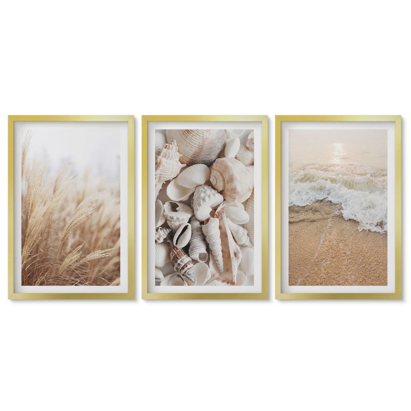 Zestaw 3 obrazów w złotej ramie Tulup 40x60 cm Plażowe motywy muszle fale Dekoracja ścienna do przedpokoju 1 kpl