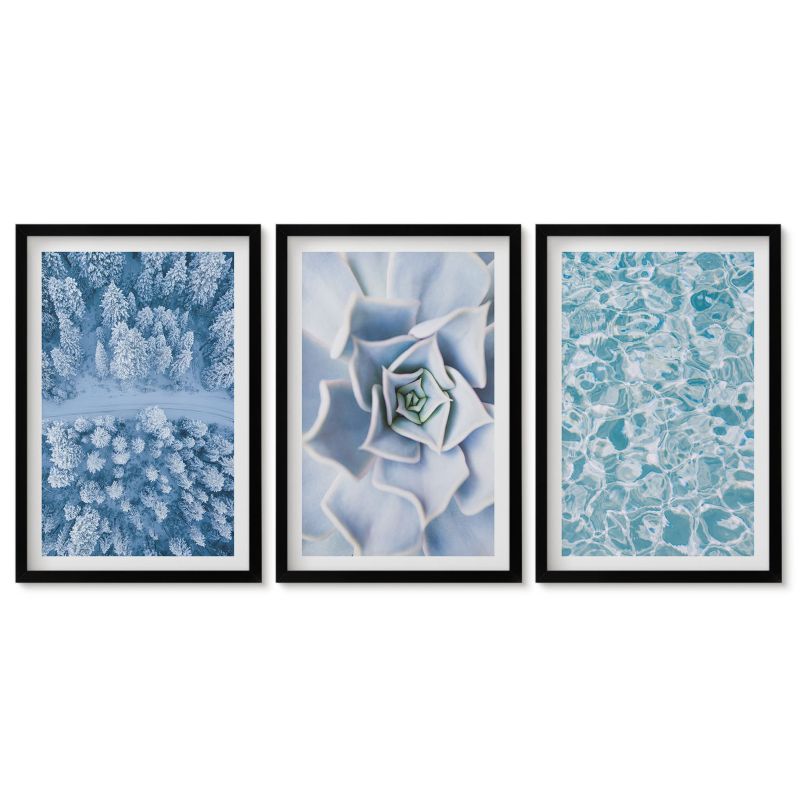 Tryptyk w czarnej ramie Tulup 40x60 cm Zimowy las niebieski kwiat woda Obrazy w czarnej ramie 1 kpl