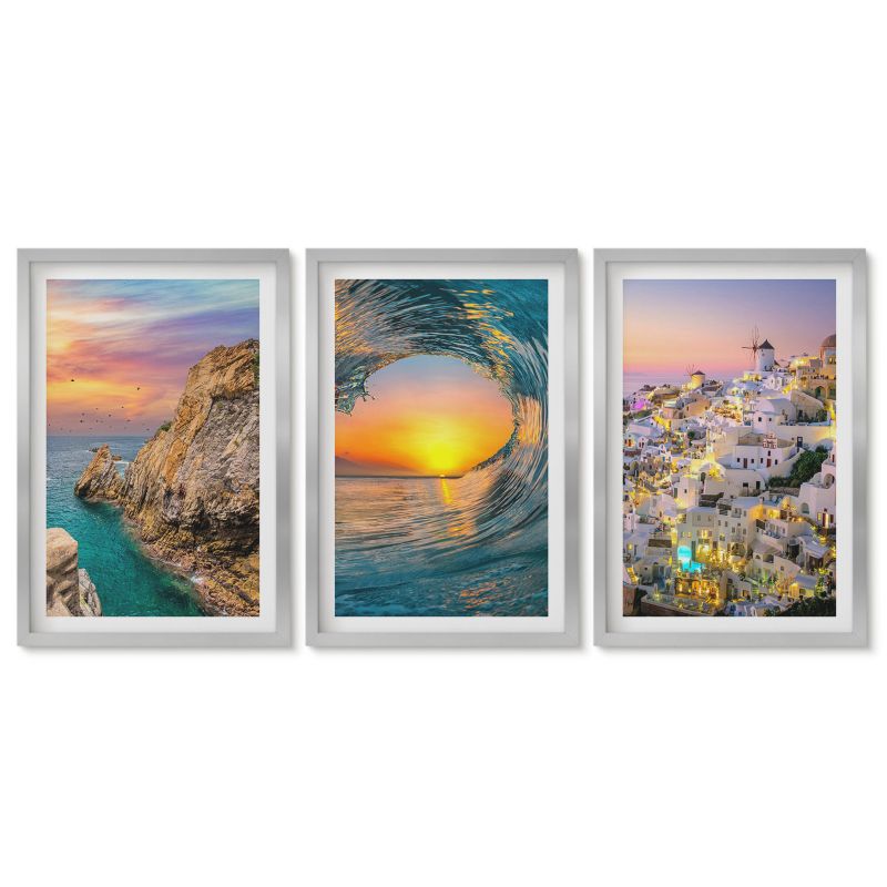 Komplet obrazów srebrna rama Tulup 40x60 cm Morze fale białe domy Santorini Obrazy nad biurko zestaw srebrna rama 1 kpl