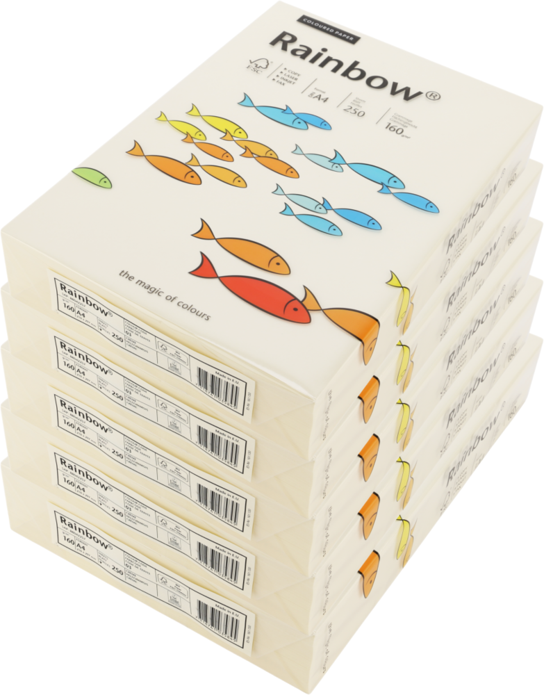 5x Papier kolorowy Rainbow, A4, 160g/m2, 250 arkuszy, kremowy (R03)