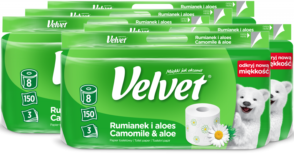 5x Papier toaletowy Velvet Rumianek i Aloes, 3-warstwowy, 8 rolek, biały