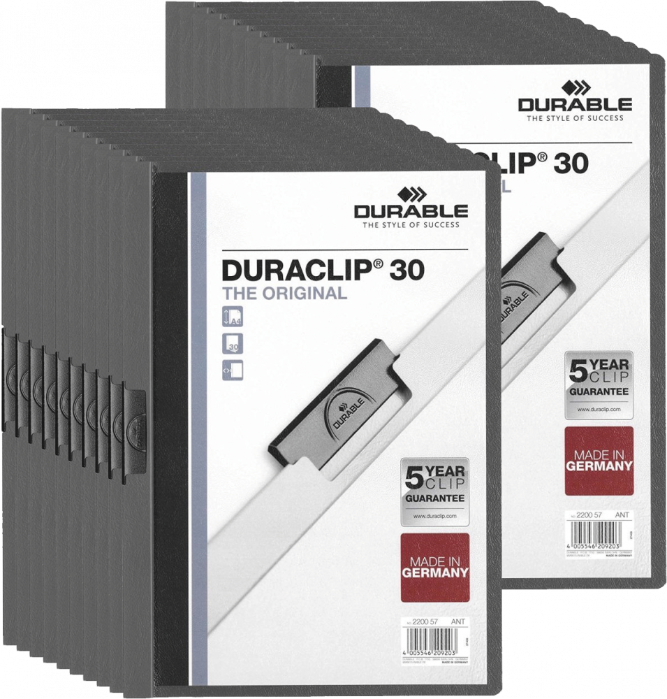 20x Skoroszyt plastikowy z klipsem Durable Duraclip, A4, do 30 kartek, grafitowy
