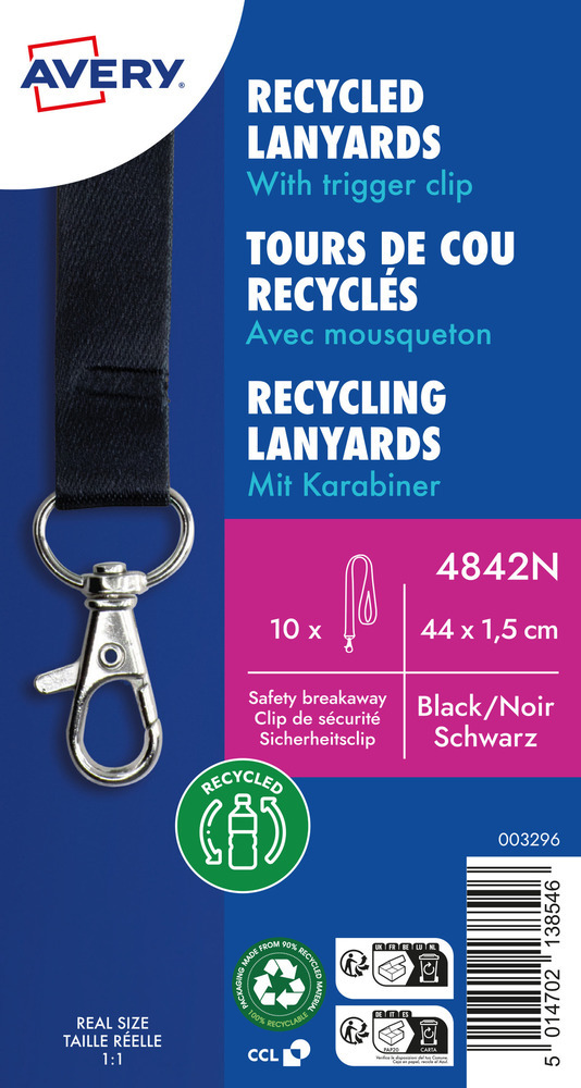 Smycz do identyfikatora Avery Zweckform, PET z recyklingu, 15x440mm, 10 sztuk, czarny