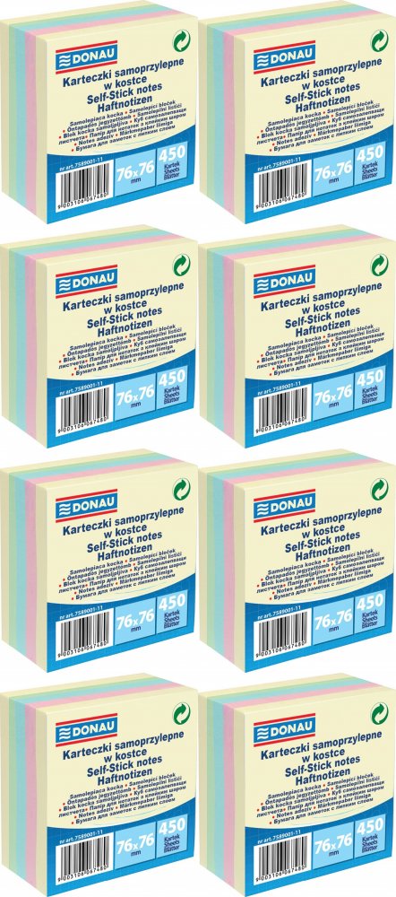 8x Karteczki samoprzylepne Donau, 76x76mm, 450 karteczek, mix kolorów pastelowych