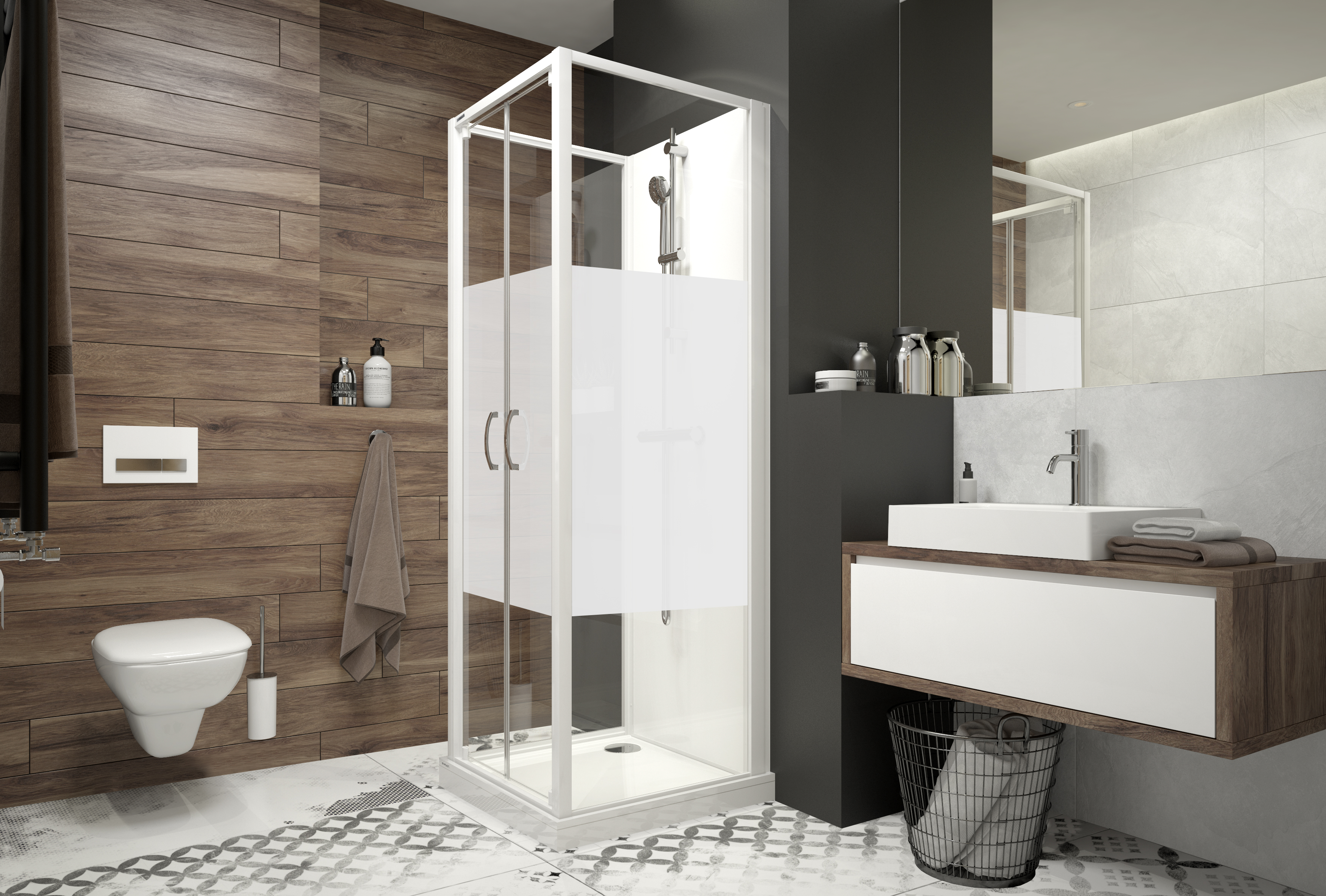 Sanplast Basic Complete Mineral kabina z brodzikiem i zestawem prysznicowym 90x90 cm kwadratowa biały połysk/szkło ze wzorem ...