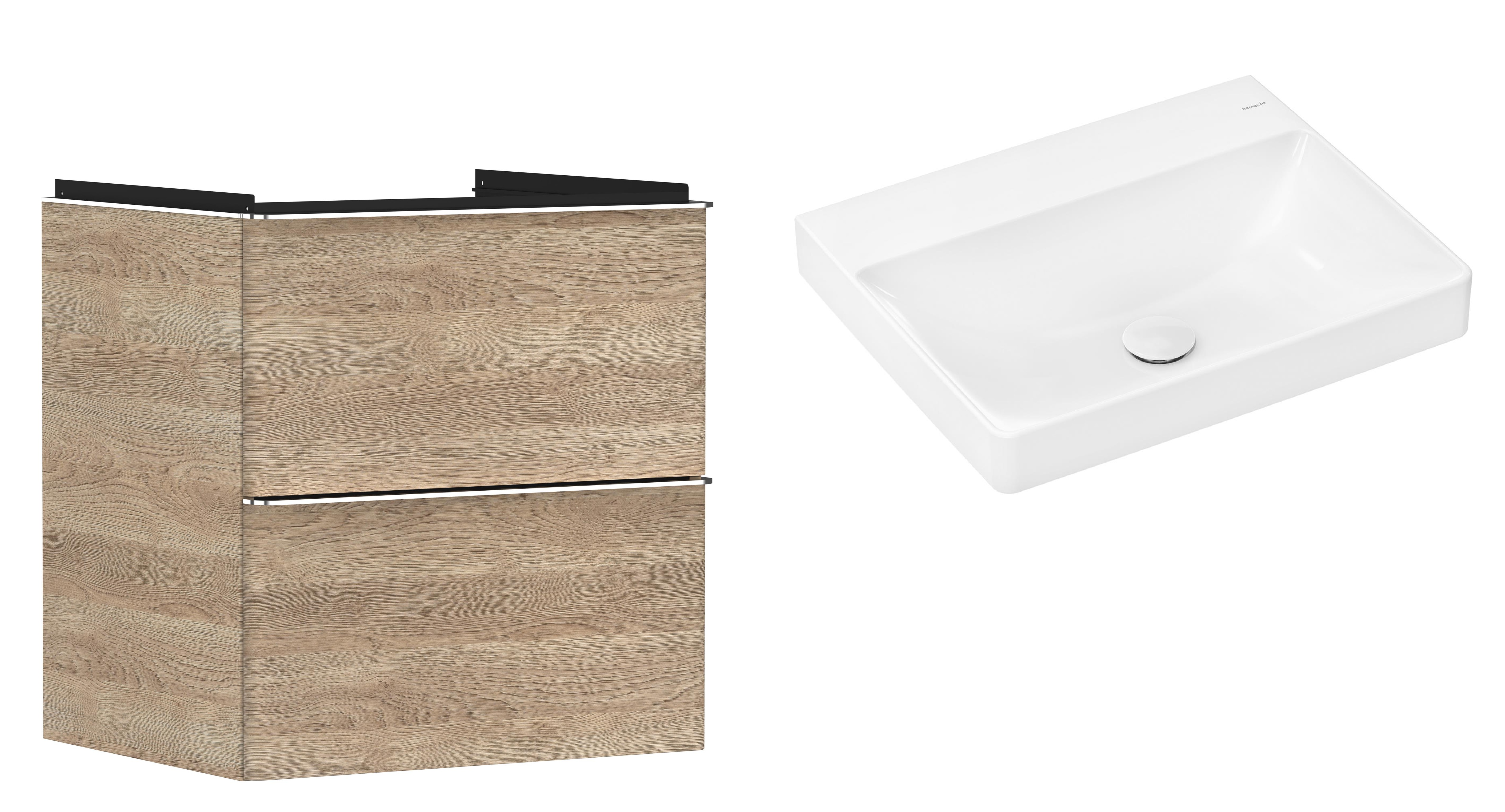 Hansgrohe Xelu Q szafka wisząca z umywalką 60x48 cm naturalny dąb/chrom/biały (54025000, 61017450)