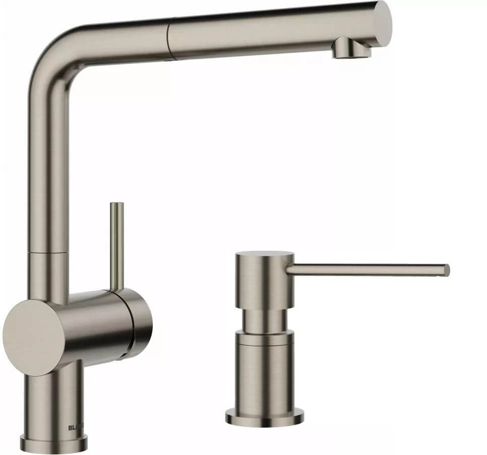 Zestaw Blanco Linus-S bateria kuchenna stojąca satin platinum z dozownikiem do płynów Lato (527699, 527721)