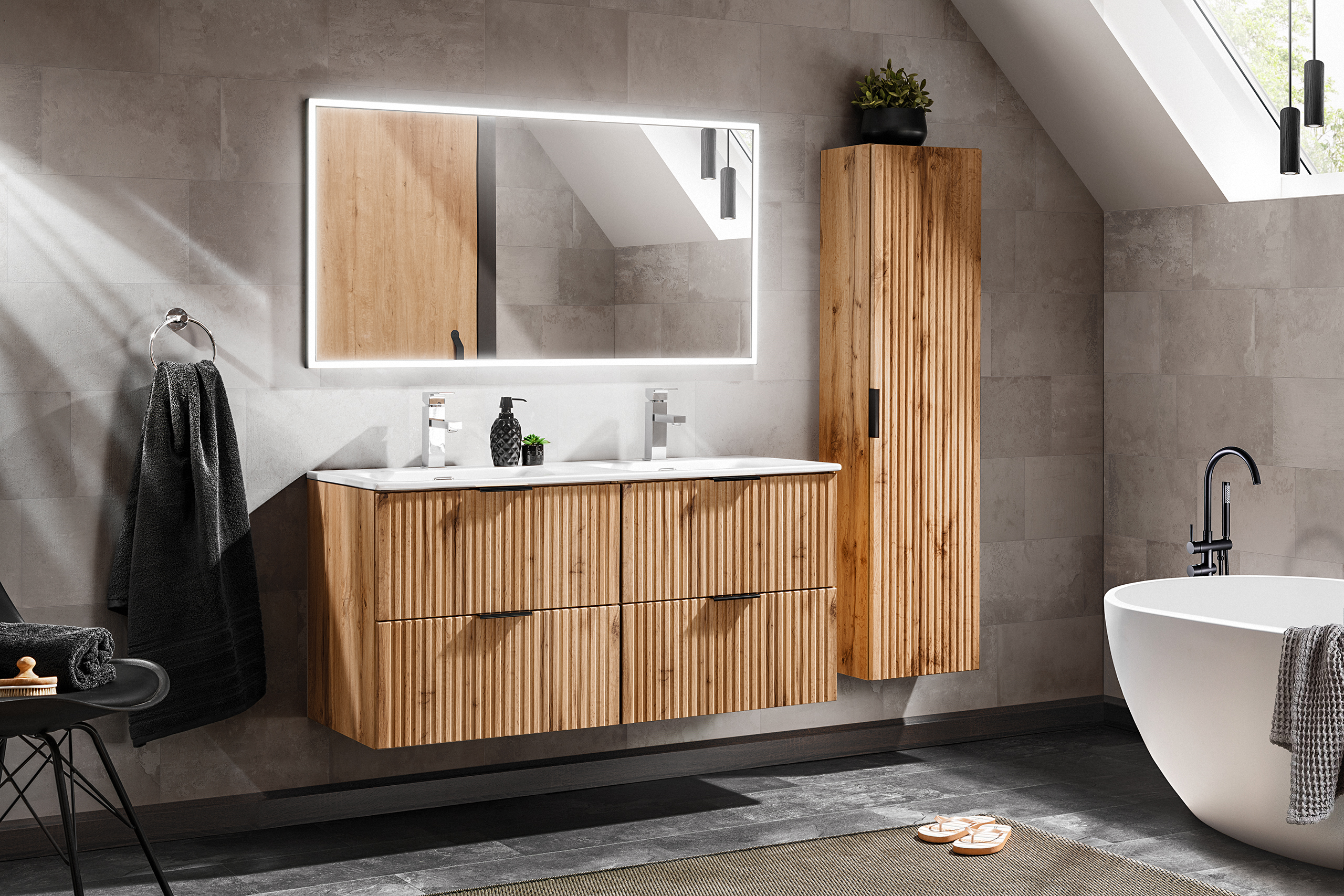 Zestaw Comad Adel Oak szafka 60x46cm podumywalkowa wisząca z umywalką, szafką boczną i lustrem dąb SET -ADO SKY 120 CM 3