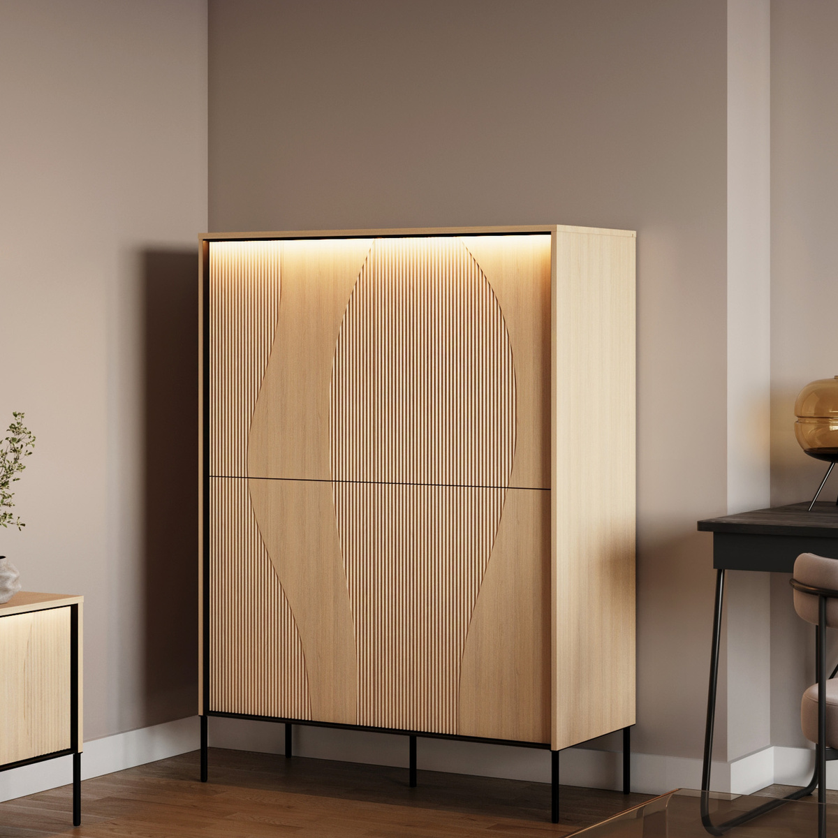Komoda do salonu 112 cm z led i półkami FLOW dąb Vincenza bielona