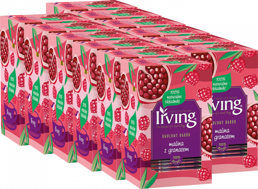 12x Herbata owocowa w kopertach Irving, malina z granatem, 20 sztuk x 2g