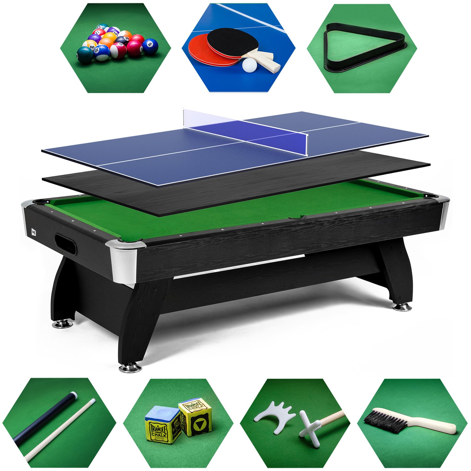 Kulečníkový stůl Vip Extra 9 FT černo/zelený s nástavcem ping-pong/deska