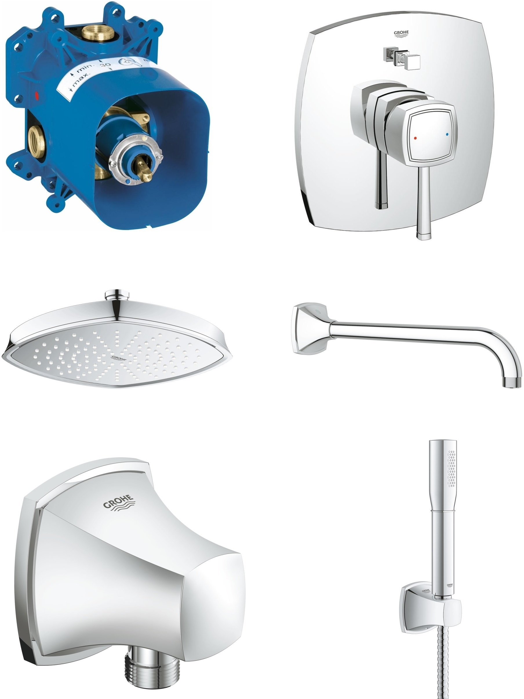 Zestaw Grohe Grandera bateria podtynkowa z kompletem natryskowym i deszczownicą chrom (19920000, 35501000, 27974000, 27986000, 27970000, ...