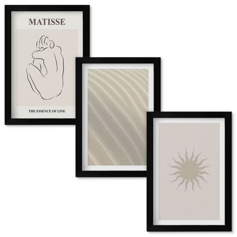 Zestaw obrazów Wallfluent Minimalistyczne linie piasku słońce Czarna rama 20x30cm 3 szt.