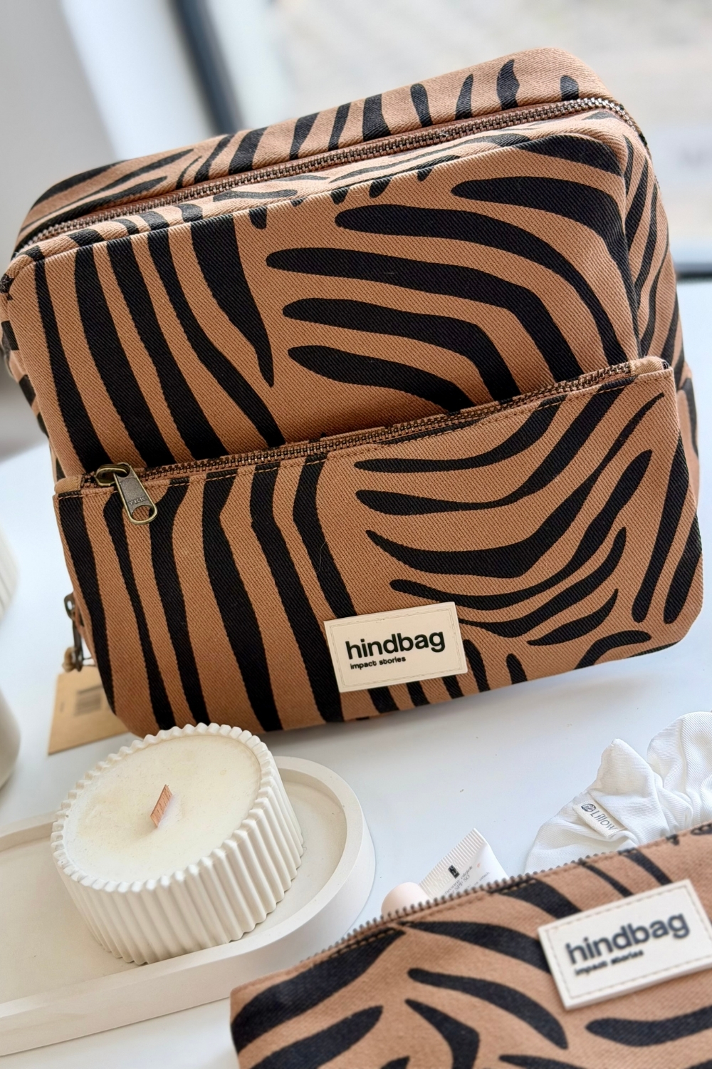 Lillow - Podwójna Kosmetyczka XL Hindbag ALIX - zebra cynamon - Materiał bawełna - Uszyto w Polsce