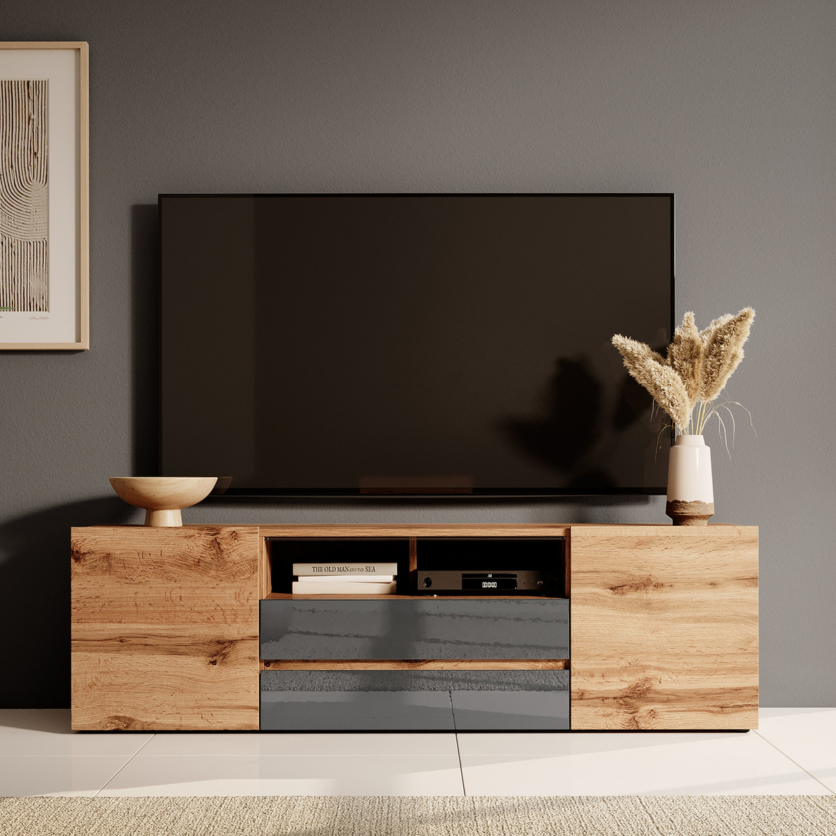 Dwudrzwiowa szafka RTV pod telewizor 137 cm do salonu dąb wotan SENZO