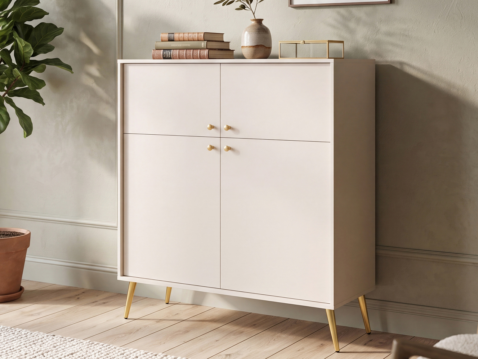 Komoda czterodrzwiowa do salonu z półkami ROSEA 105 cm beż piaskowy