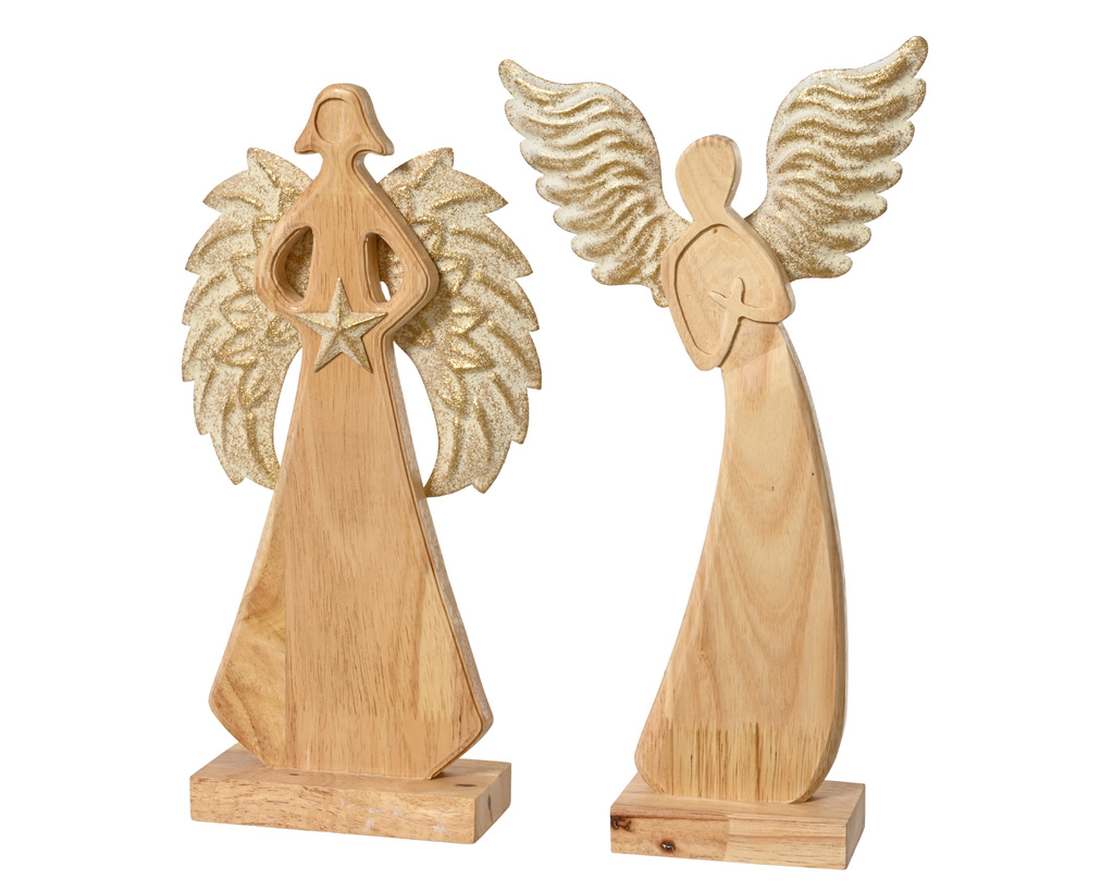 Anioł drewniany MDF płaski złote skrzydła 2wzory, 32cm 1 szt