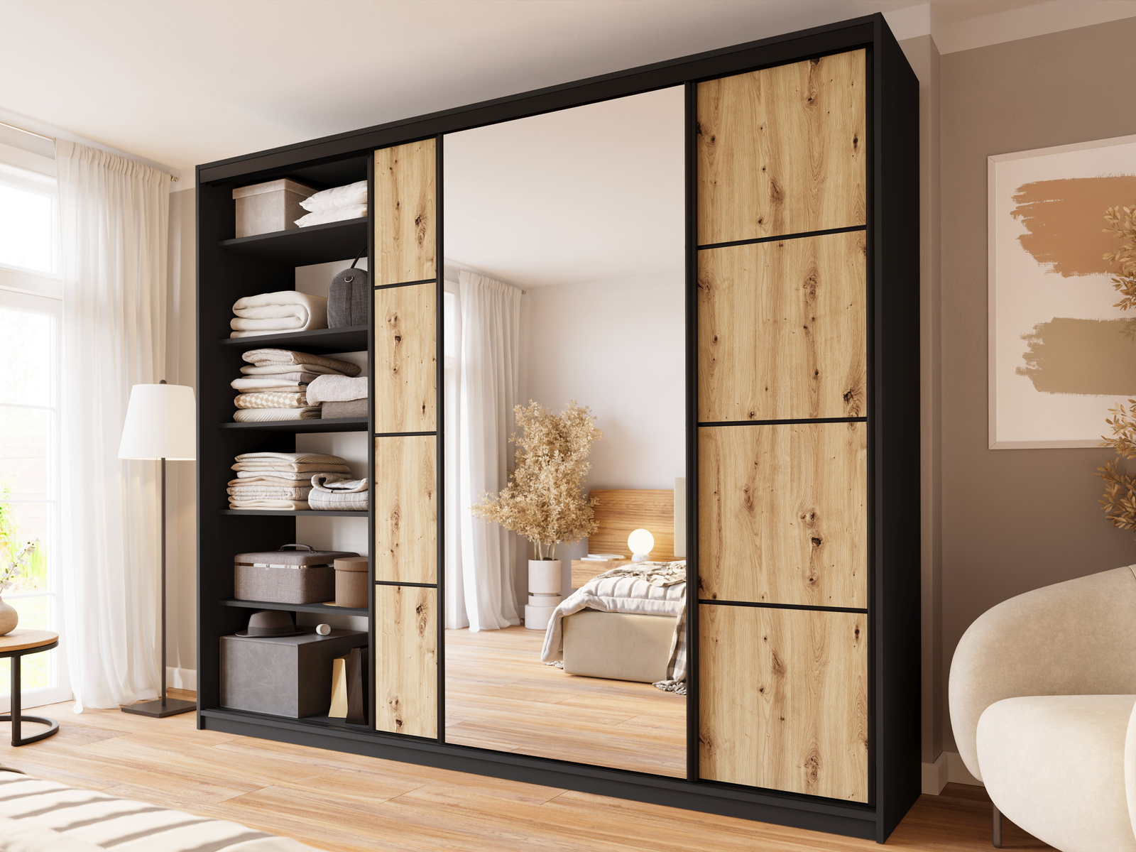 Szafa przesuwna z lustrem do sypialni 280 cm dąb artisan LARGO PLUS
