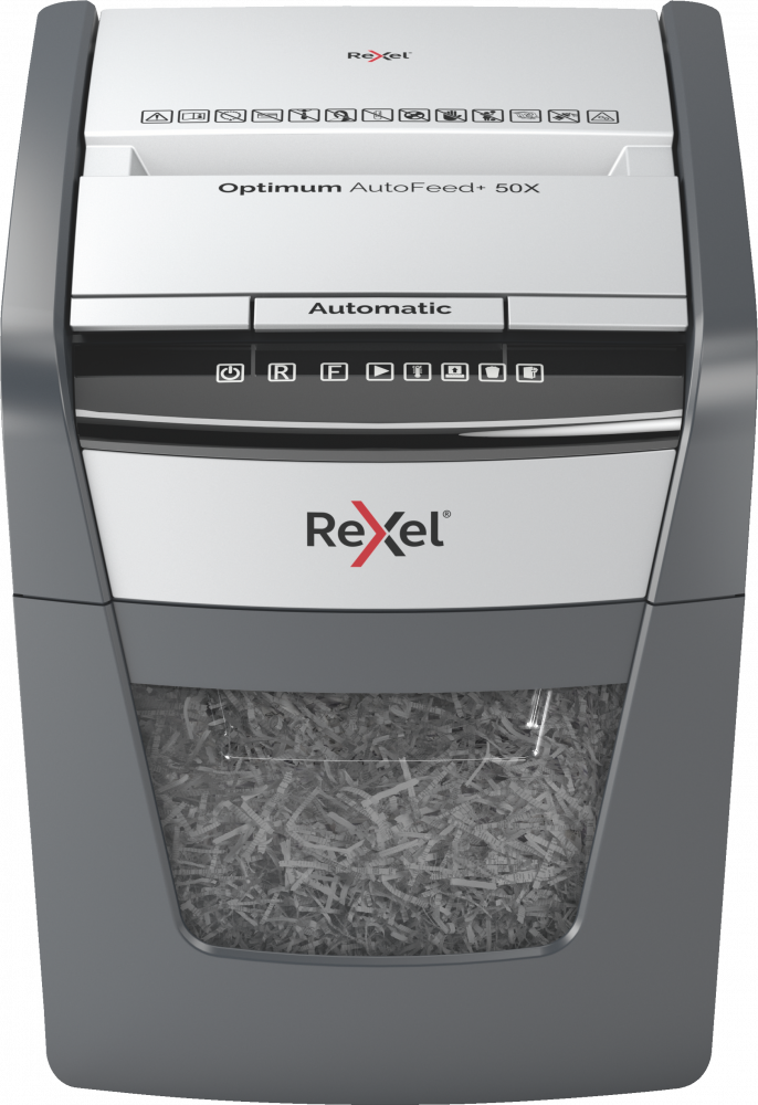 Niszczarka do papieru automatyczna Rexel Optimum AutoFeed+ 50X, konfetti 4x28 mm, 50 kartek, P-4 DIN, czarno-srebrny