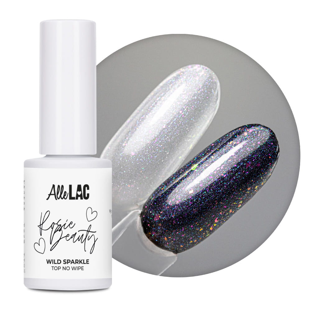 Top z efektem biżuteryjnym różowo-fioletowymi drobinkami Wild Sparkle Top no wipe AlleLac x Rosie Beauty 6g