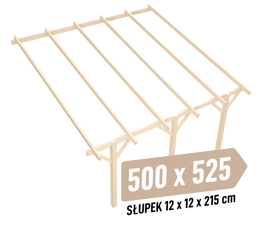 Zadaszenie tarasu KVH Sucha Premium - 500 x 525 cm - słupki 12x12x215 cm przyścienne drewniane - zastrzał prosty