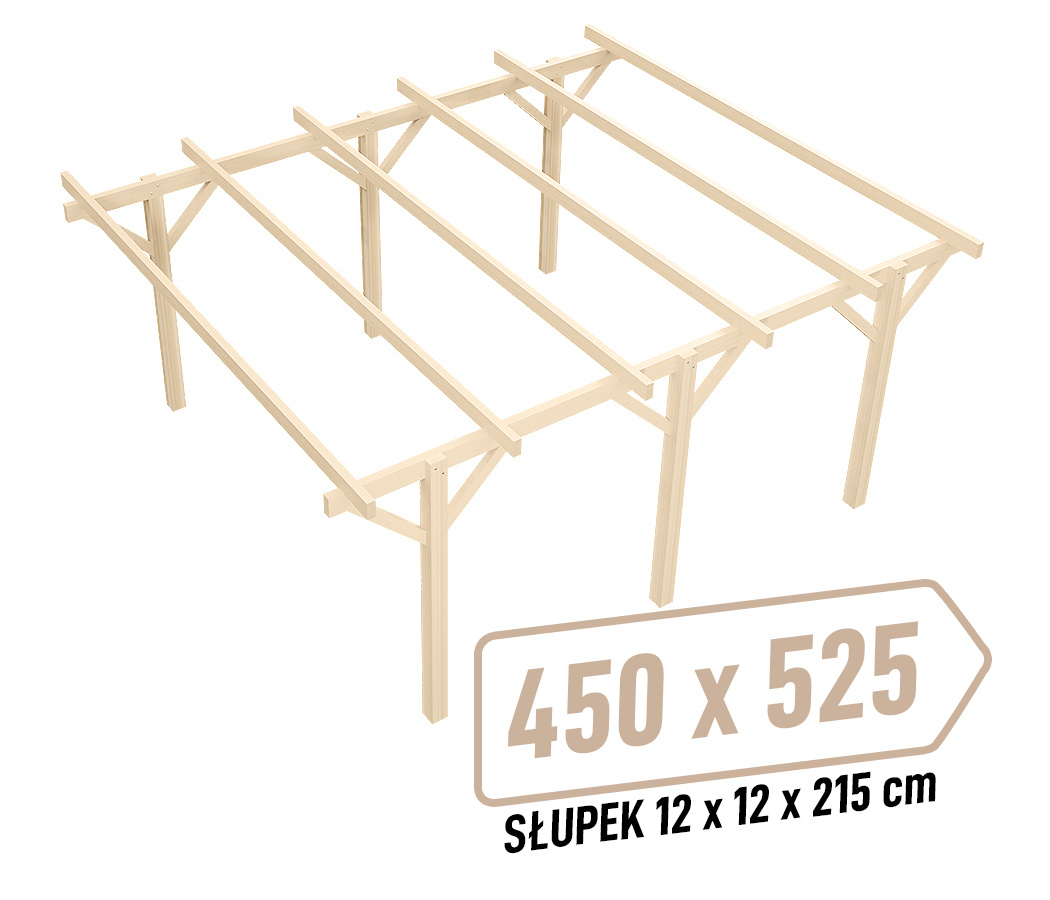 Wiata KVH Sucha Premium - 450 x 525 cm - słupki 12x12x215 cm garażowa wolnostojąca - zastrzał prosty