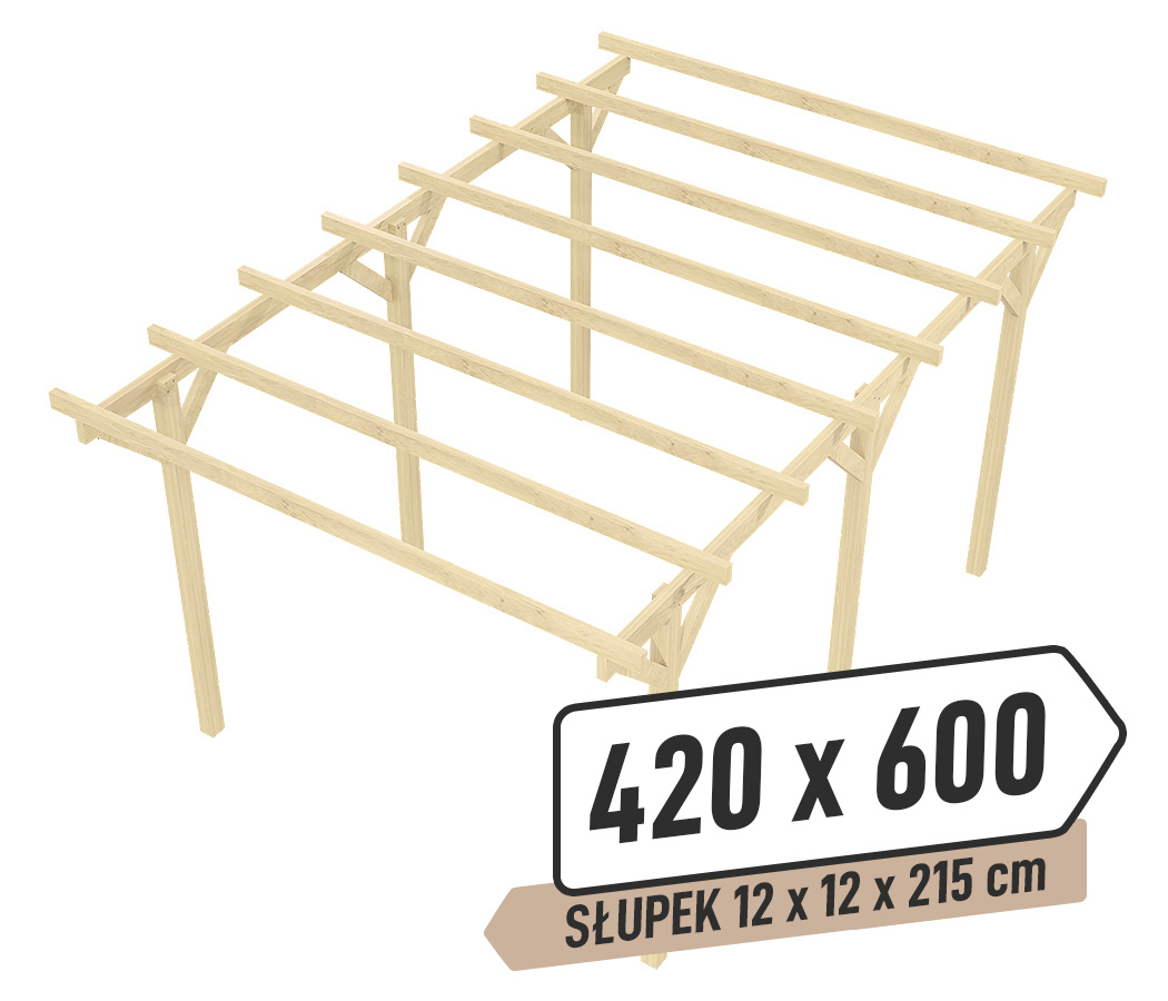 Wiata KVH Sucha Premium - 420 x 600 cm - słupki 12x12x215 cm garażowa wolnostojąca - zastrzał prosty