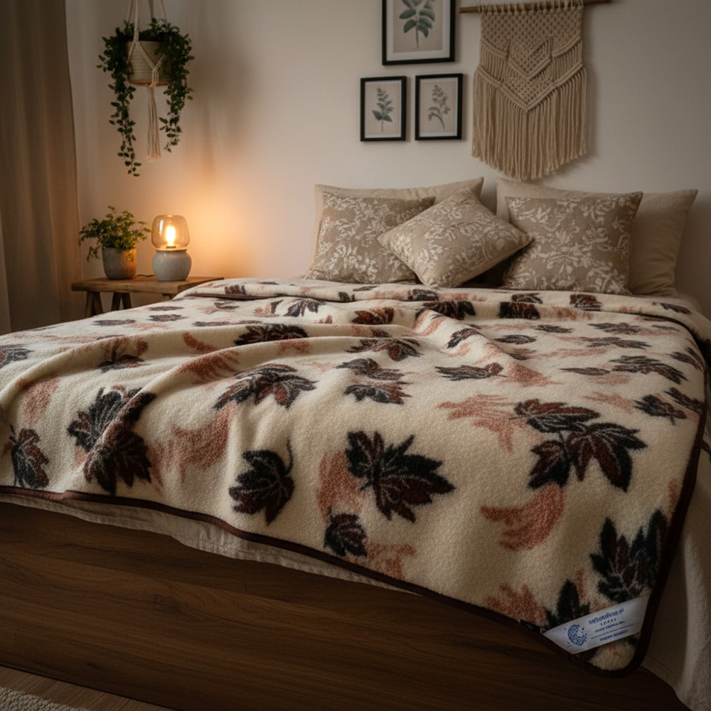 koc wełniany merynos australijski listki Woolmark 200x240