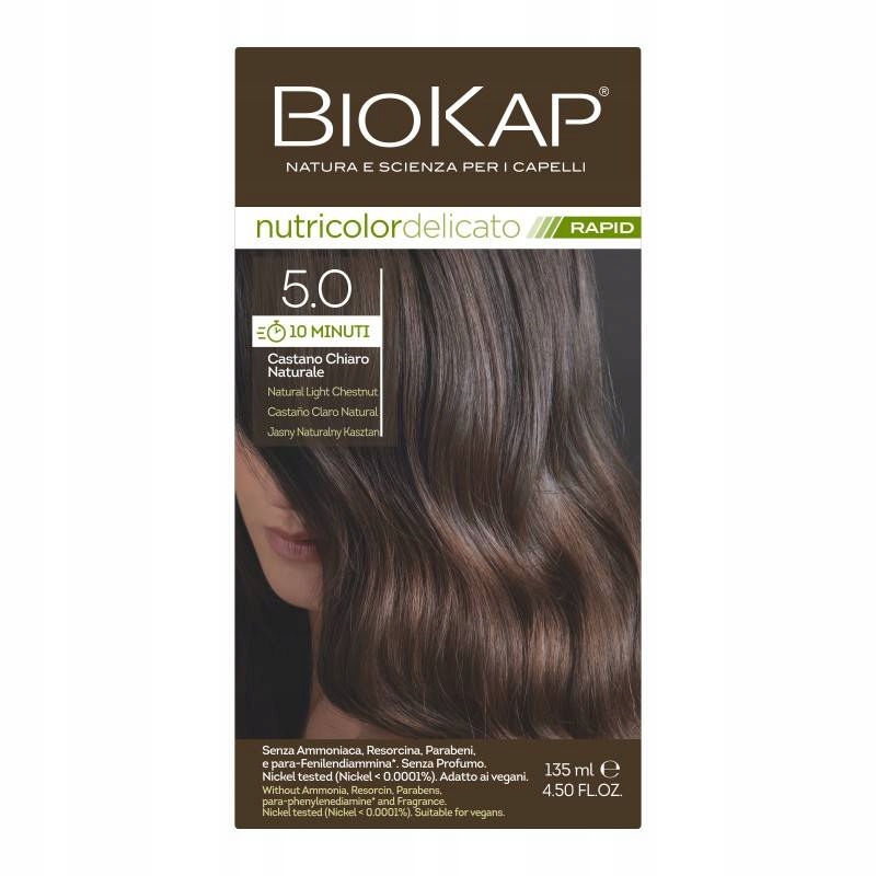 Biokap Delicato Rapid Farba do Włosów | Jasny Naturalny Kasztan 5.0 | Pokrywa Siwe Włosy | Bez Amoniaku