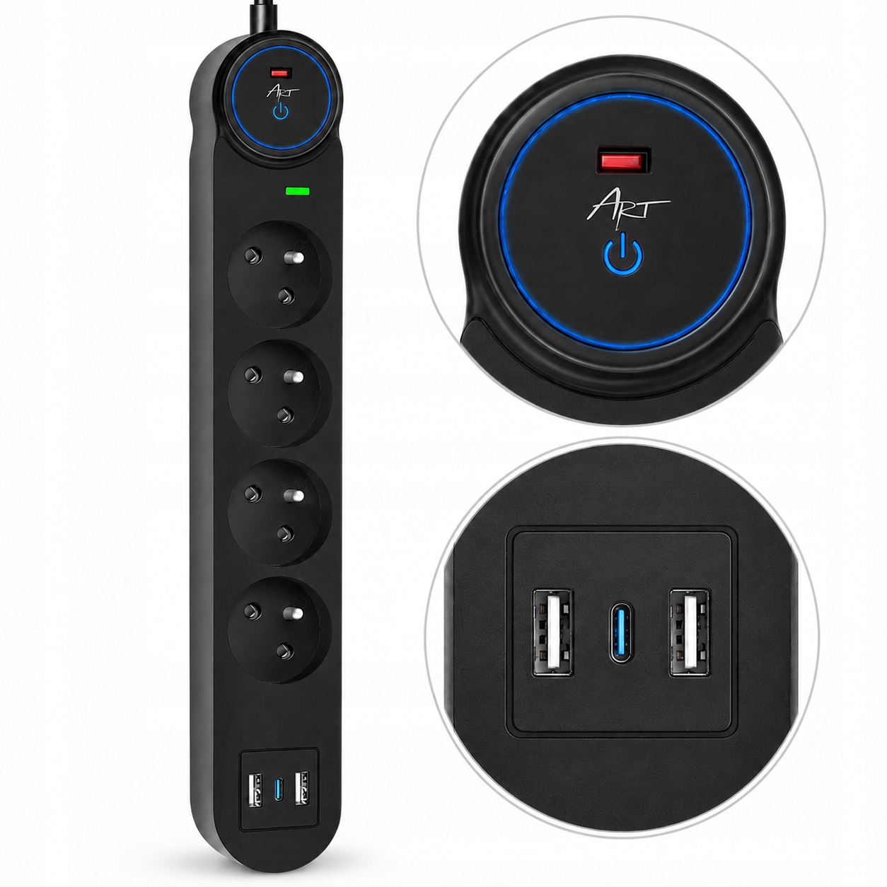 ART Listwa zasilająca 3m FU815 4 gniazda 2xUSB +C - Henryx24