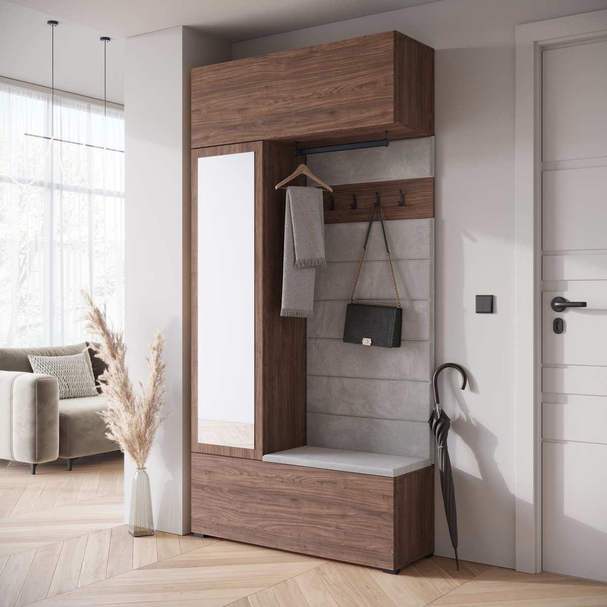 Garderoba z lustrem 115 cm na ubrania do przedpokoju TESSARO orzech villa