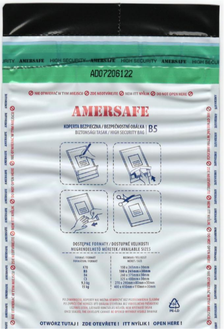 Koperta bezpieczna Amersafe, B5, z paskiem HK, 100 sztuk, szary