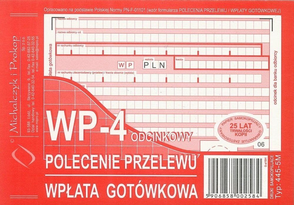 Outlet: USZKODZONE OPAKOWANIE Druk Polecenie przelewu/wpłata gotówkowa MiP 445-5M, A6, 3 kopie, 80k