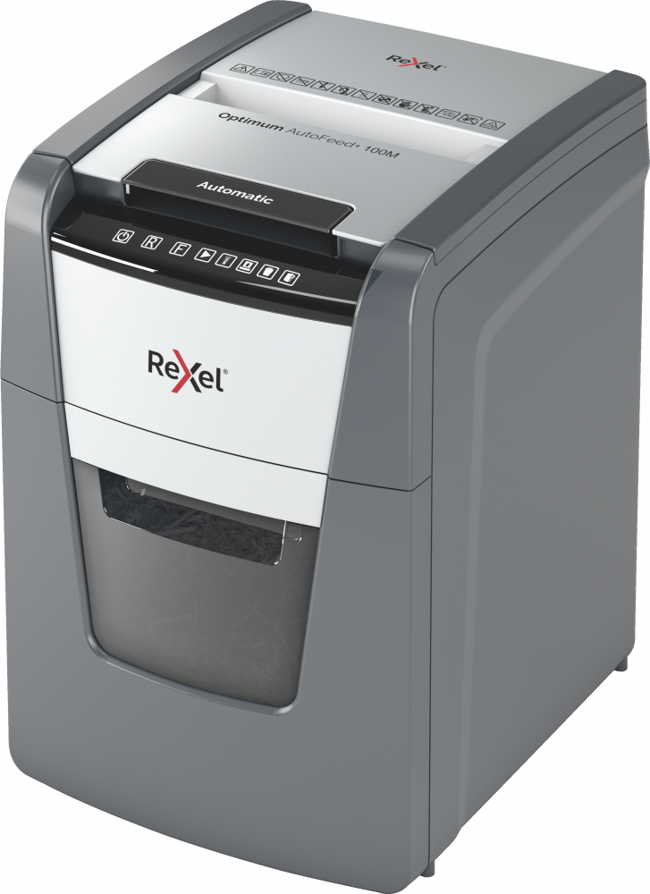 Niszczarka do papieru Rexel Optimum AutoFeed+ 100M, automatyczna, mikrościnek 2x15 mm, 100 kartek, P-5 DIN, czarno-srebrny