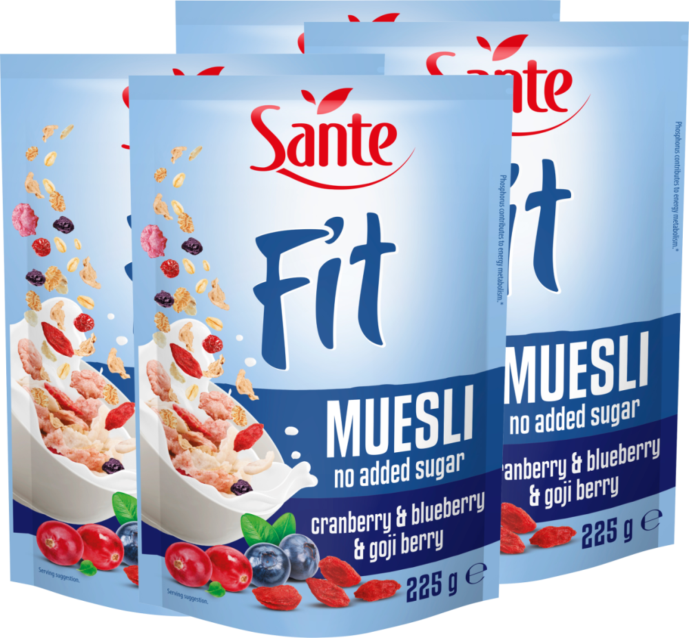 4x Płatki śniadaniowe Sante Fit, żurawina/borówka/jagody goji, bez cukru, 225g