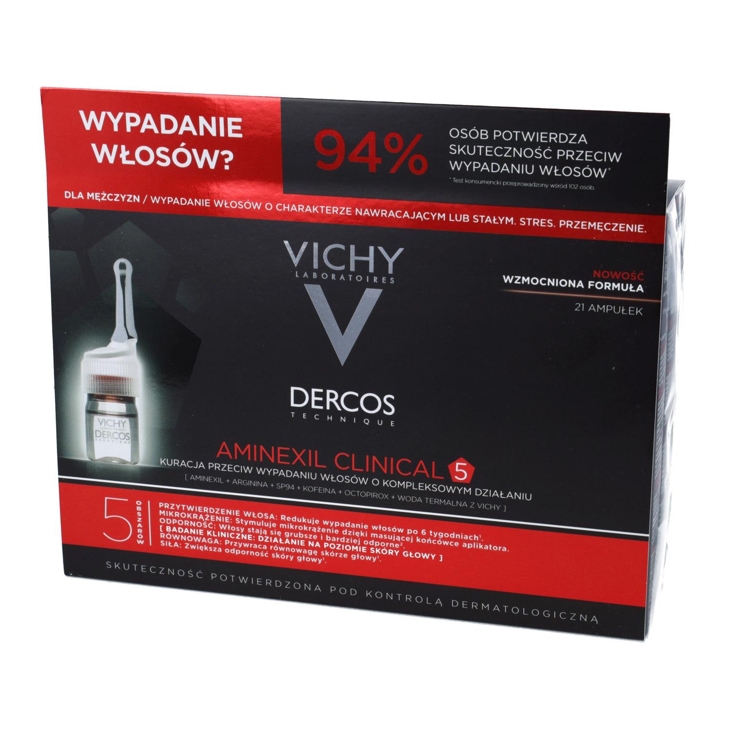 Vichy - dercos aminexil clinical 5, kuracja przeciw wypadaniu włosów o kompleksowym działaniu dla mężczyzn, 21 ampułek