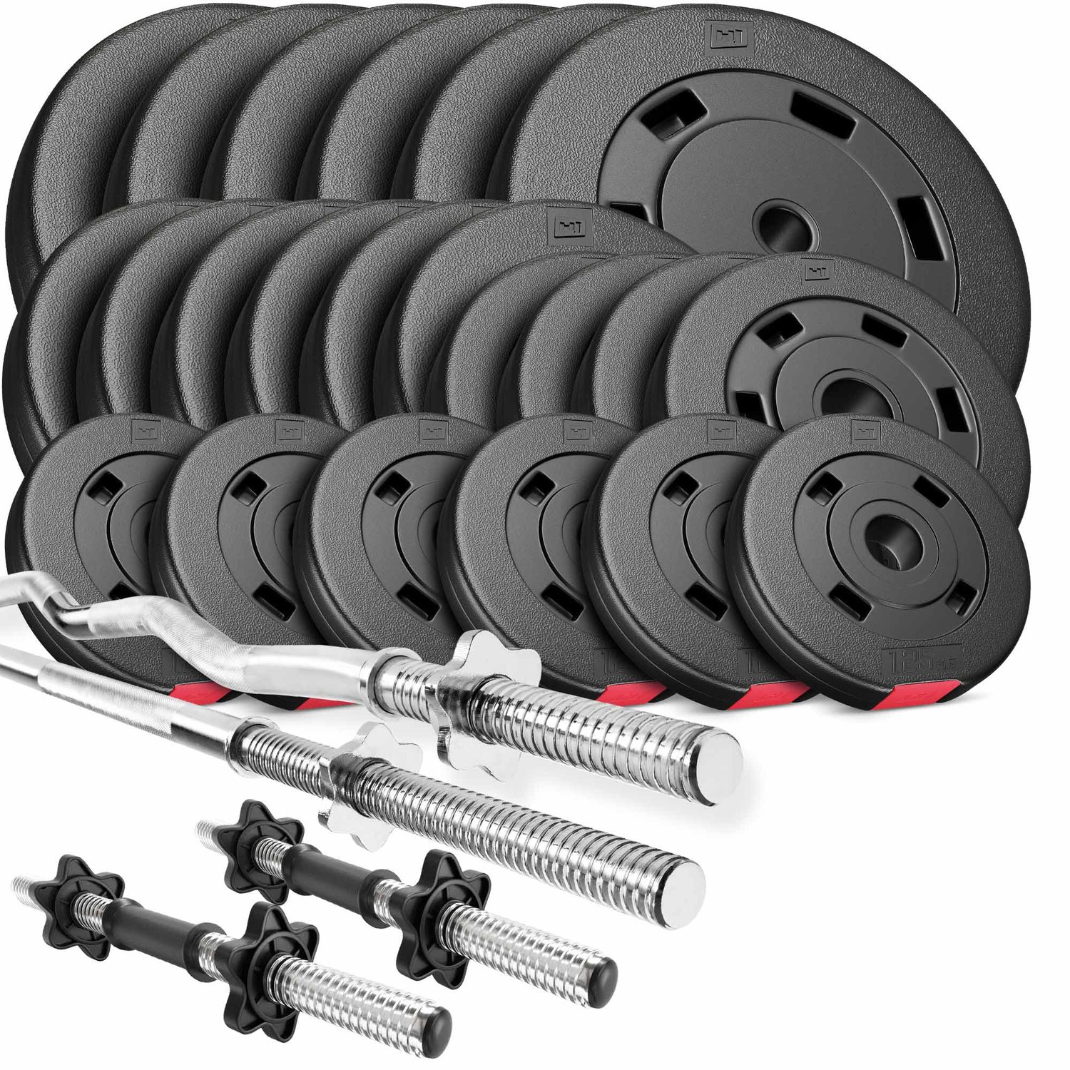 Kunststoff Hantelset 125 kg mit Langhantel, SZ Stange und Kurzhanteln