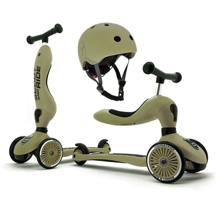 ScootandRide Highwaykick1 - hulajnoga, jeździk 2 w 1+ kask XXS-S-Olive