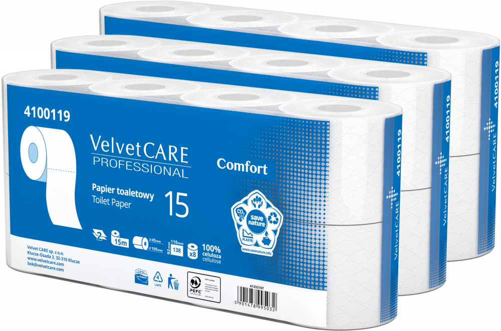 3x Papier toaletowy VelvetCARE Professional, 2-warstwowy, 15m, 8 rolek, biały